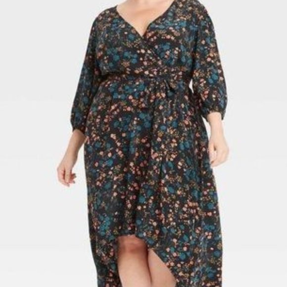 Ava & Viv 1XFloral Faux Wrap Dress Hi-Lo Hem Belted 3/4 Sleeves Black/Pink Fall - Picture 1 of 5
